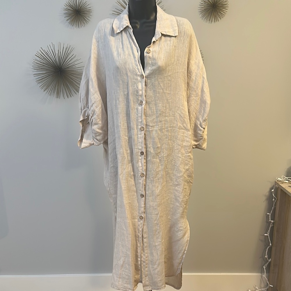 Linen Cream Button-Up Midi Dress​